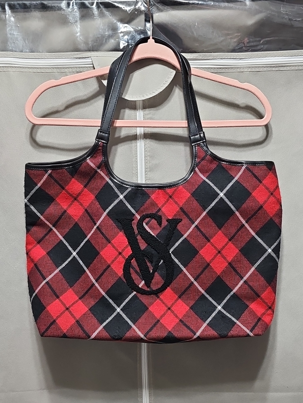 Victoria's Secret Red and Black Plaid Tote with Monogram